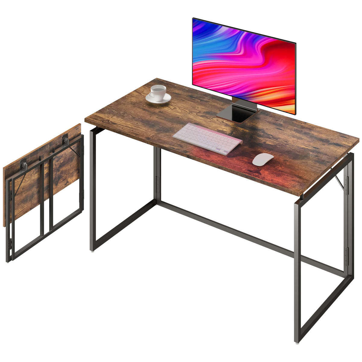 alawooder Folding Desk with wood top open; spacious work surface for two monitors