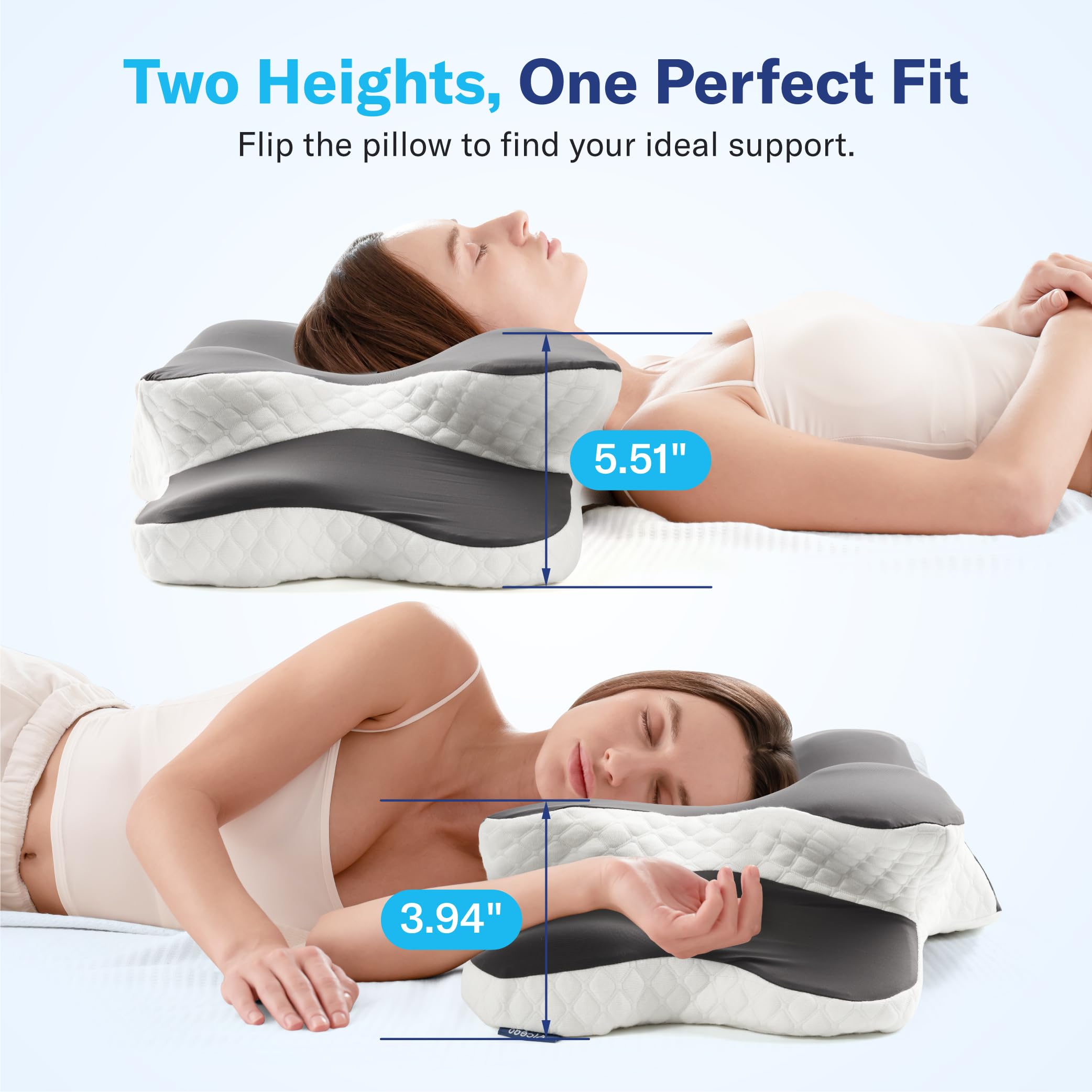 Alcedo Cervical Memory Foam Pillow side view highlighting two height options