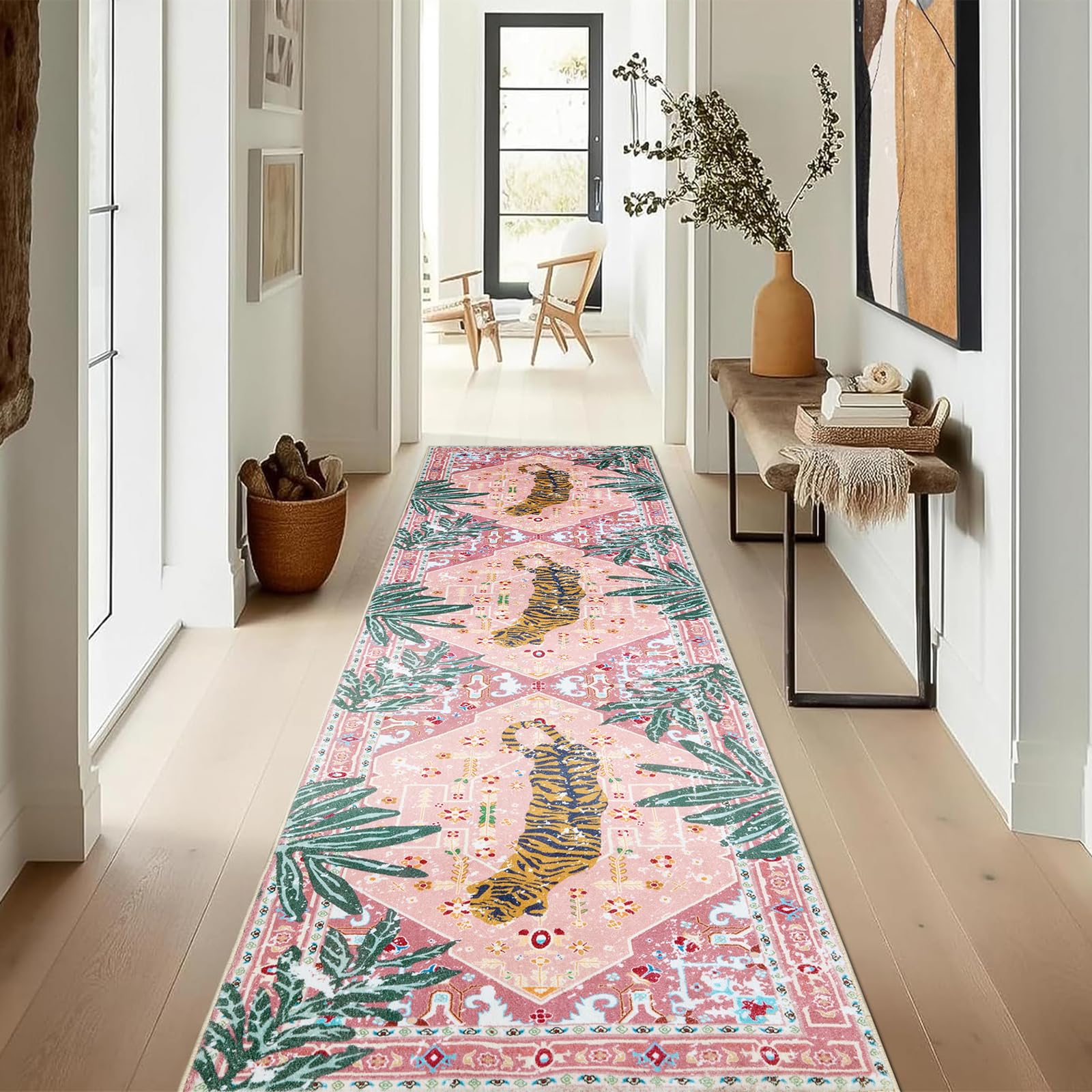 Aldopein pink boho hallway runner brightens entry with machine washable practicality.
