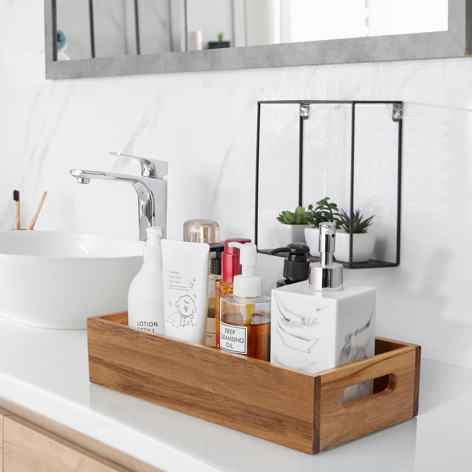ALELION acacia basket on a dresser top for cosmetics and small items