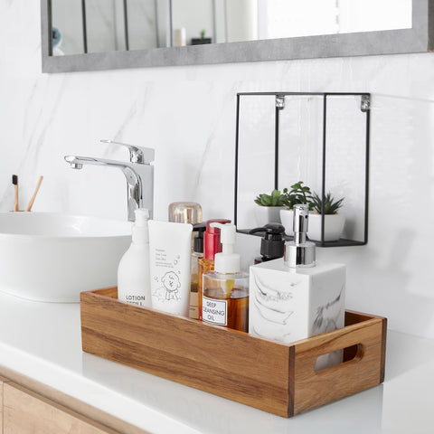 ALELION acacia basket on a dresser top for cosmetics and small items