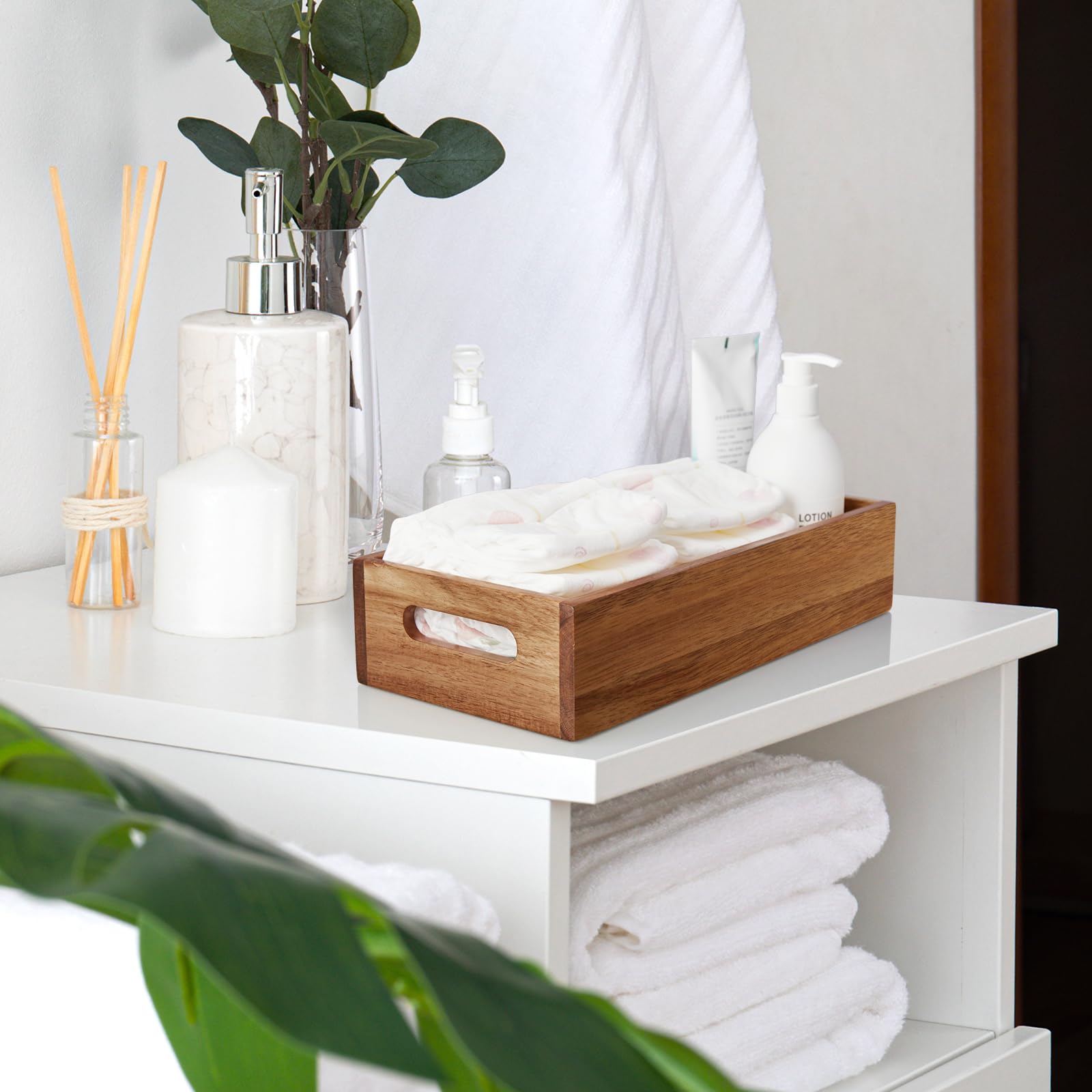 ALELION acacia basket on toilet tank moves easily between surfaces