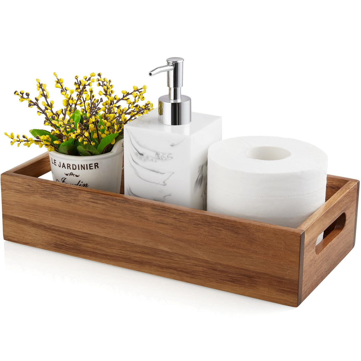ALELION acacia wood bathroom basket on toilet tank with a handy carrying handle