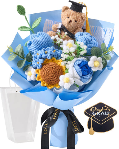 Alecono blue crochet flower bouquet for graduation celebrations.