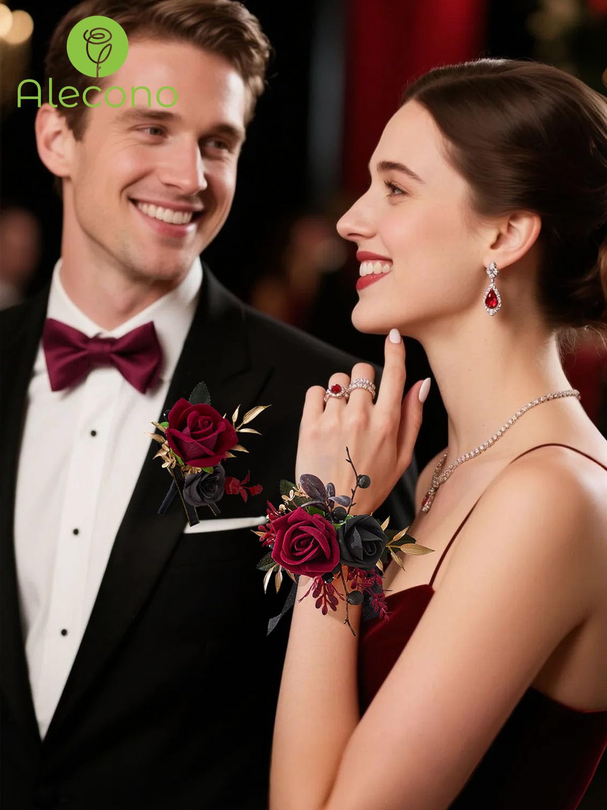 Alecono burgundy boutonniere-rose highlights groom style with lifelike petals that last all day.