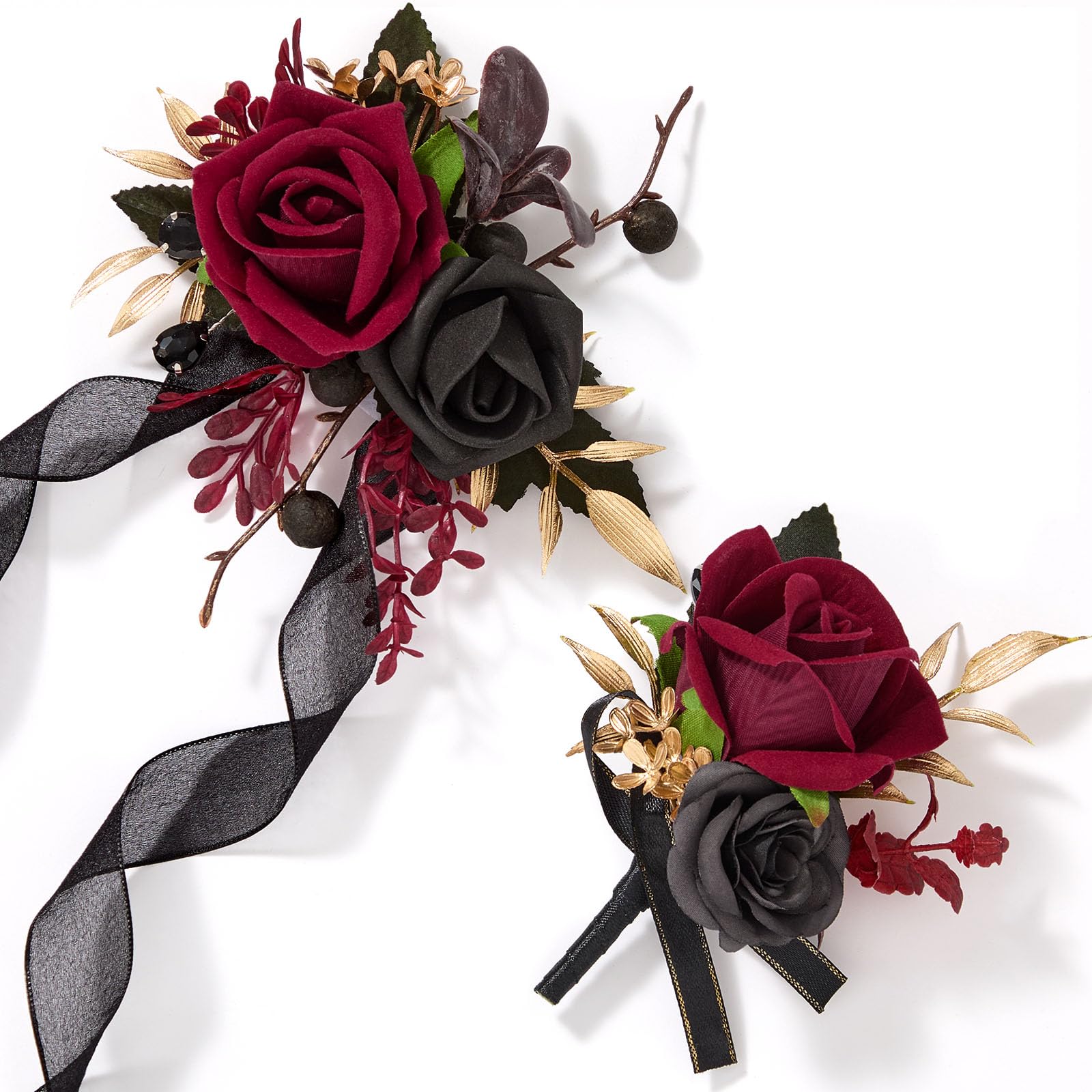 Alecono burgundy corsage wristlet with silk roses for a coordinated wedding look.