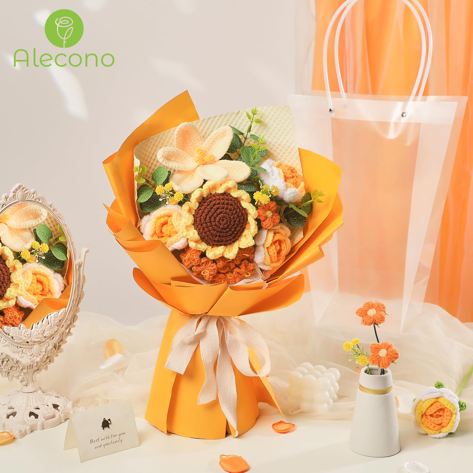 Alecono crochet bouquet details showcase artisanal handcraft and care.