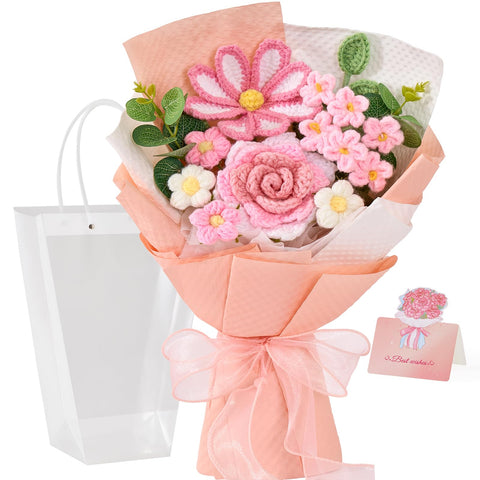 Alecono crochet flower bouquet pink close-up showing handcrafted petals and soft textures for allergy-free gifts.