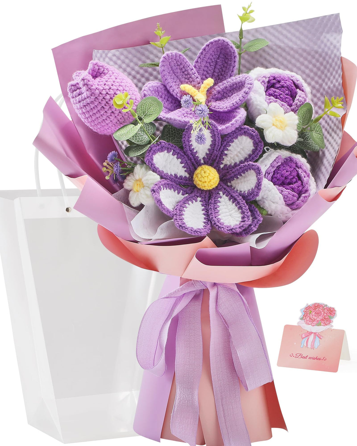 Alecono crochet bouquet with purple tulips; lasting keepsake for anniversaries.