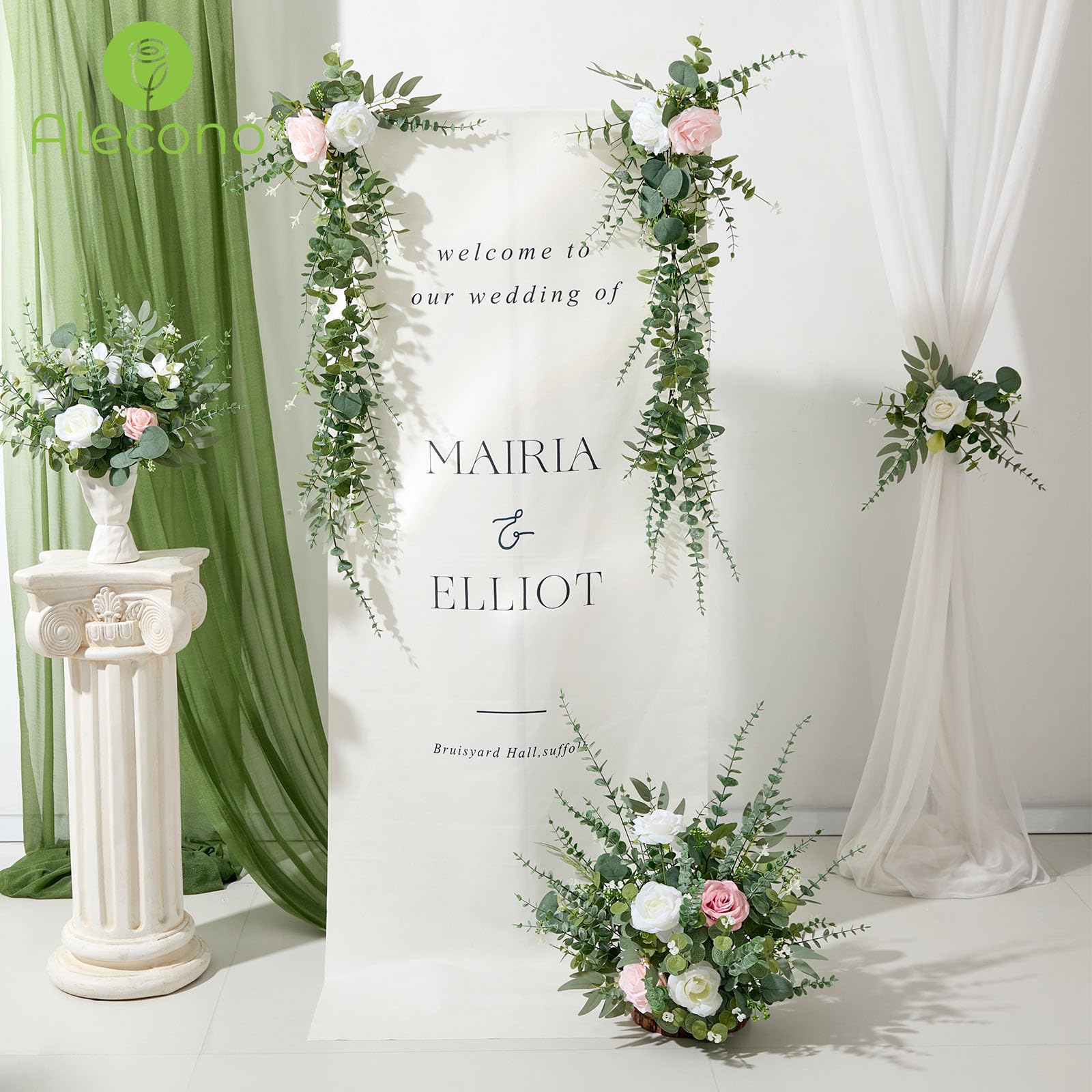 Alecono eucalyptus backdrop accents create depth for photos and events.
