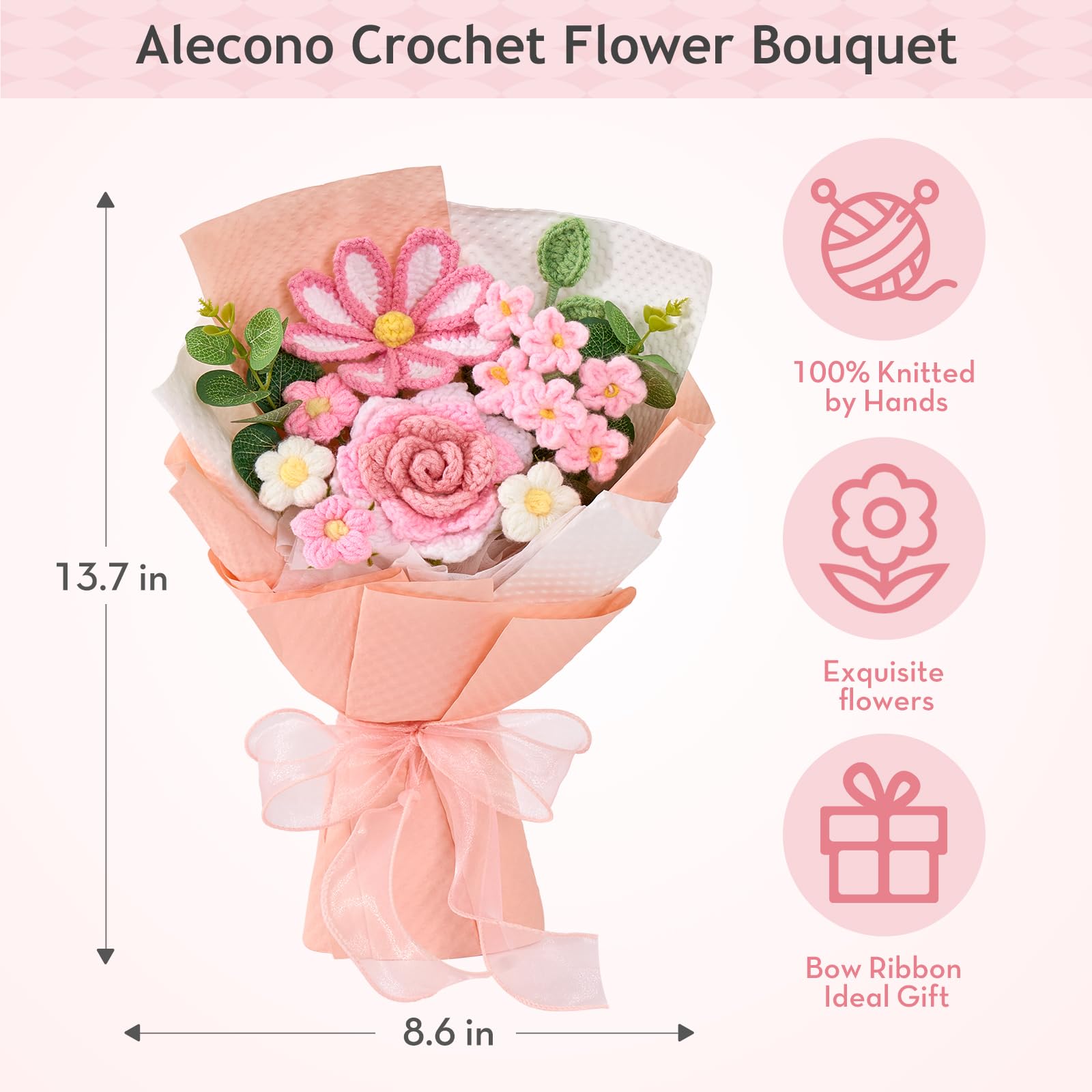 Alecono nine-piece crochet bouquet stands 13.7 inches tall and 8.6 wide.