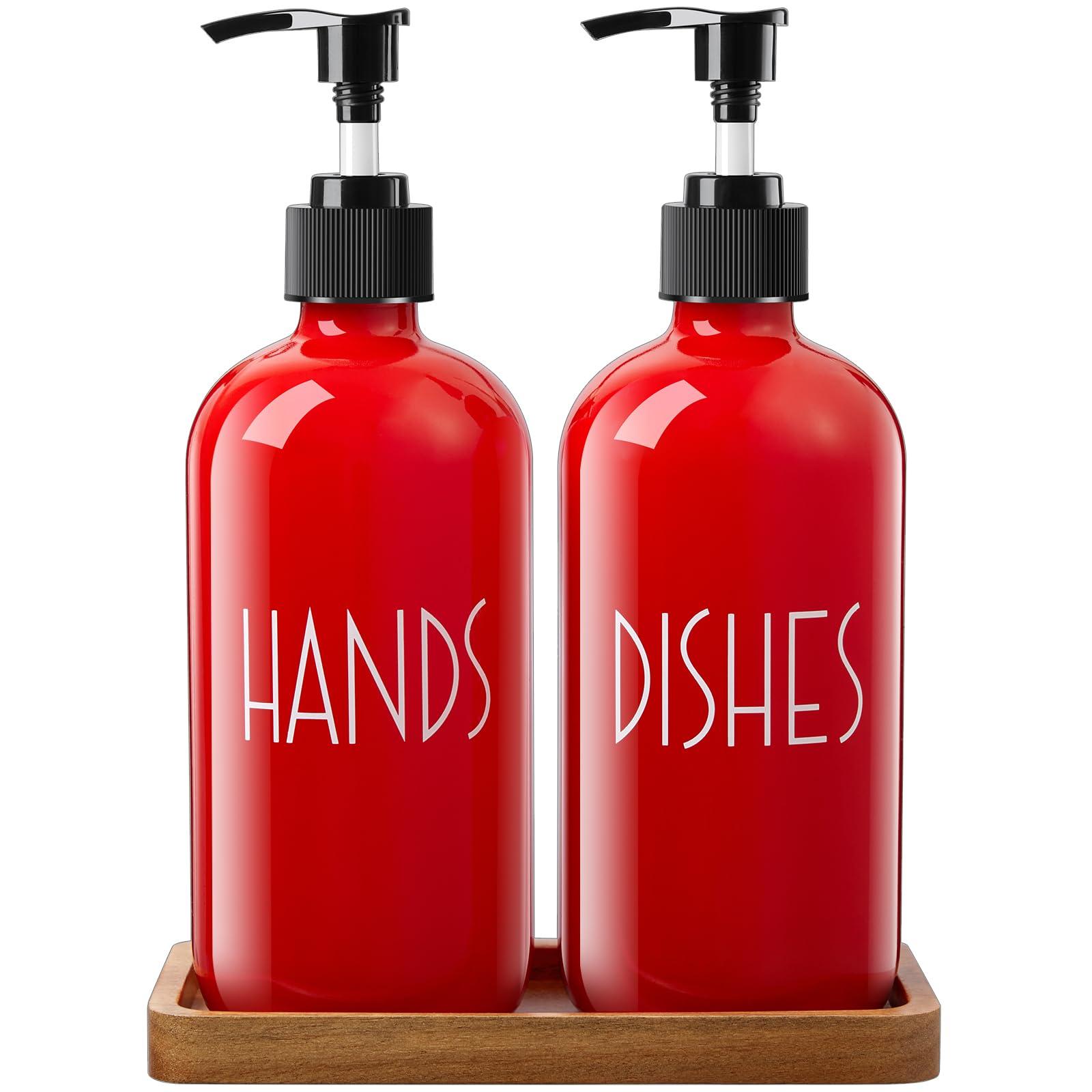 ALELION red dish soap dispenser glass bottle with pump for tidy countertops.