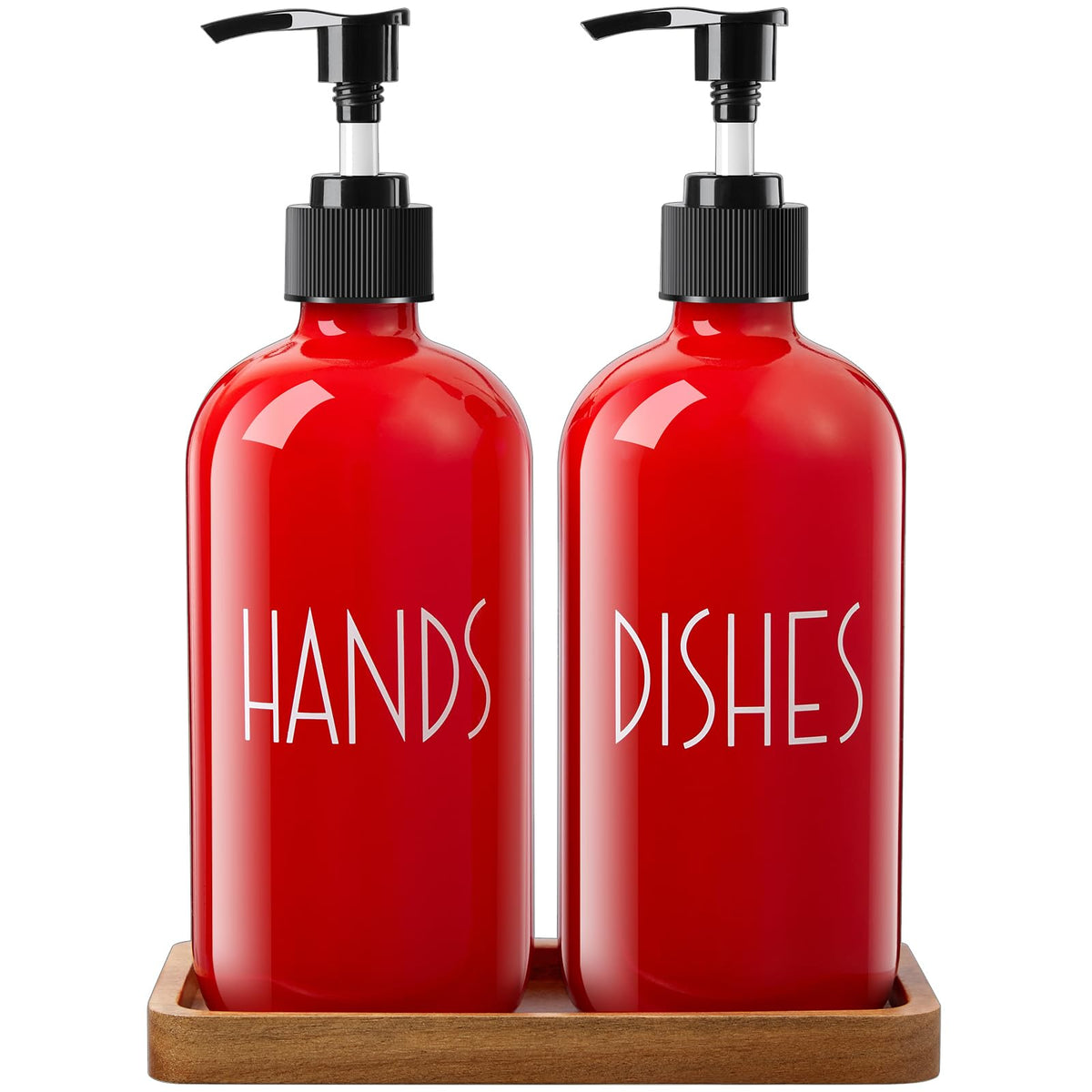 ALELION red dish soap dispenser glass bottle with pump for tidy countertops.