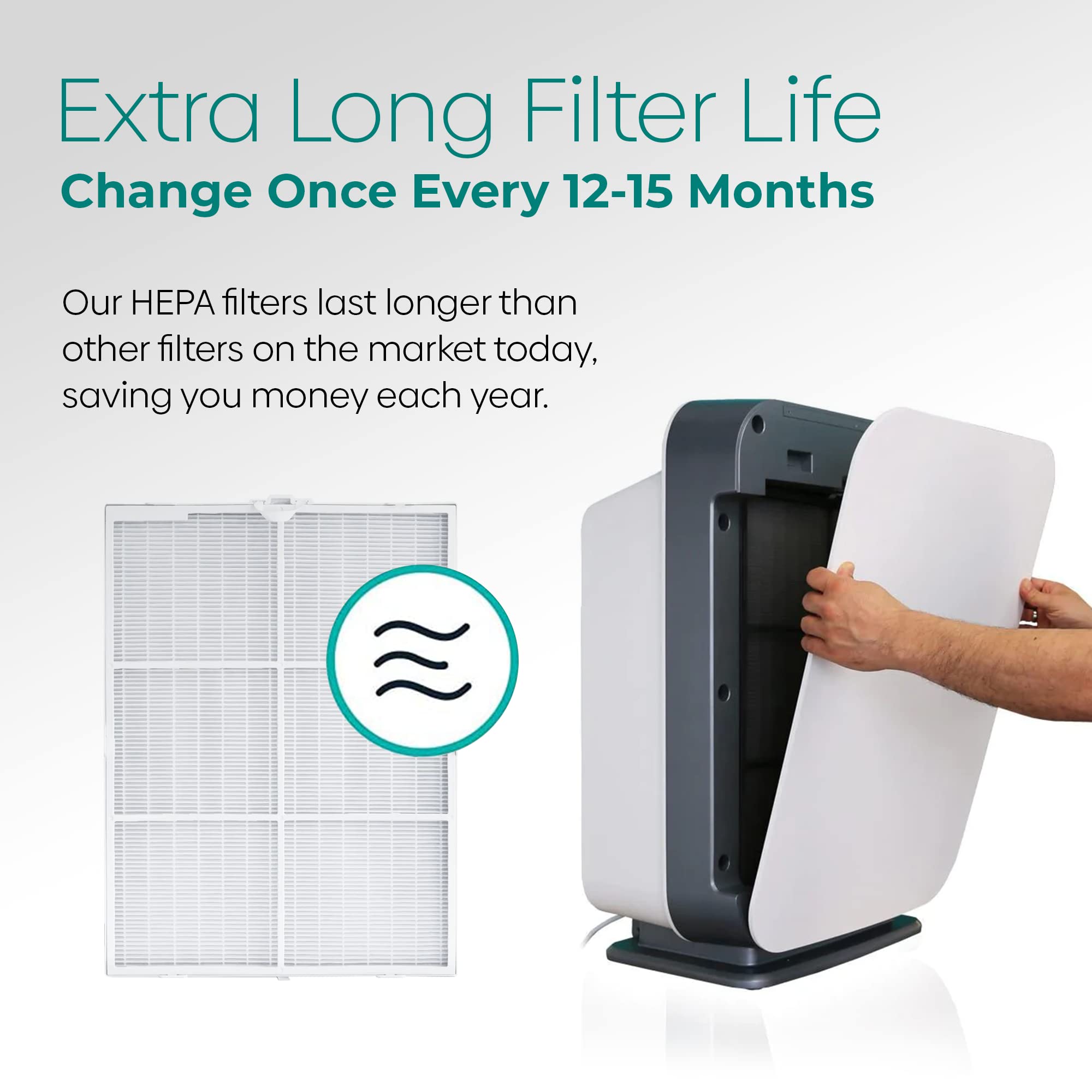 Long-life replacement filter designed for 12 to 15 months of use.