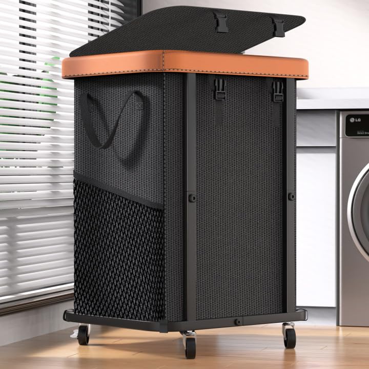 The alentar 150L leather patchwork rolling laundry basket with wheels shows durable construction and large capacity.