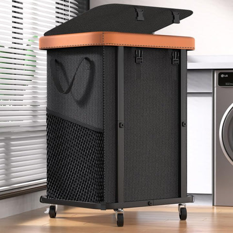 The alentar 150L leather patchwork rolling laundry basket with wheels shows durable construction and large capacity.