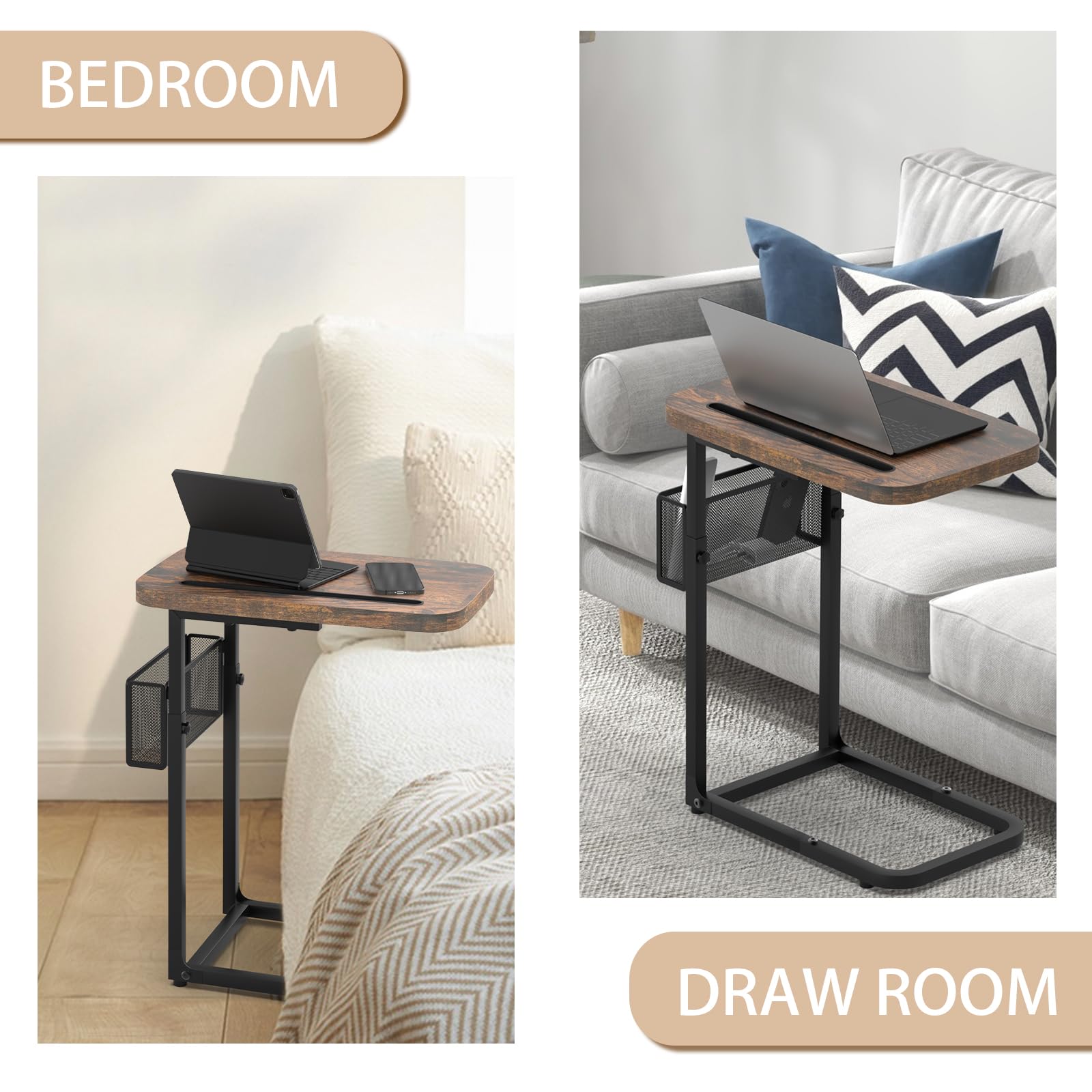 Alentar modern couch side table blends with decor and reduces clutter.