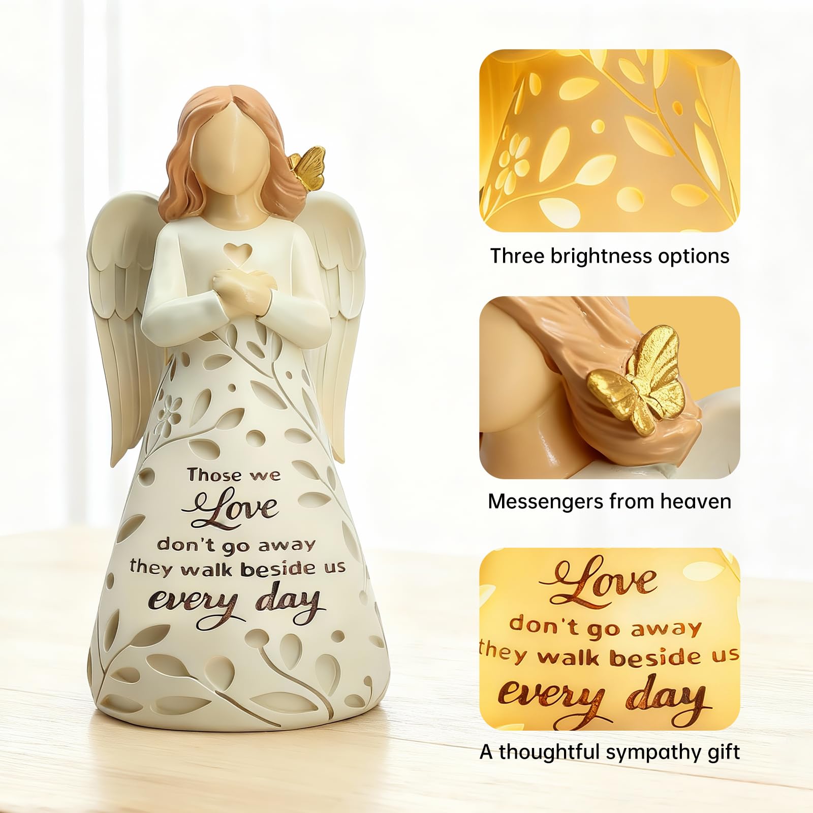 AlevaHive angel statue with remote showcases convenient brightness control for quiet nights.