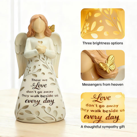 AlevaHive angel statue with remote showcases convenient brightness control for quiet nights.