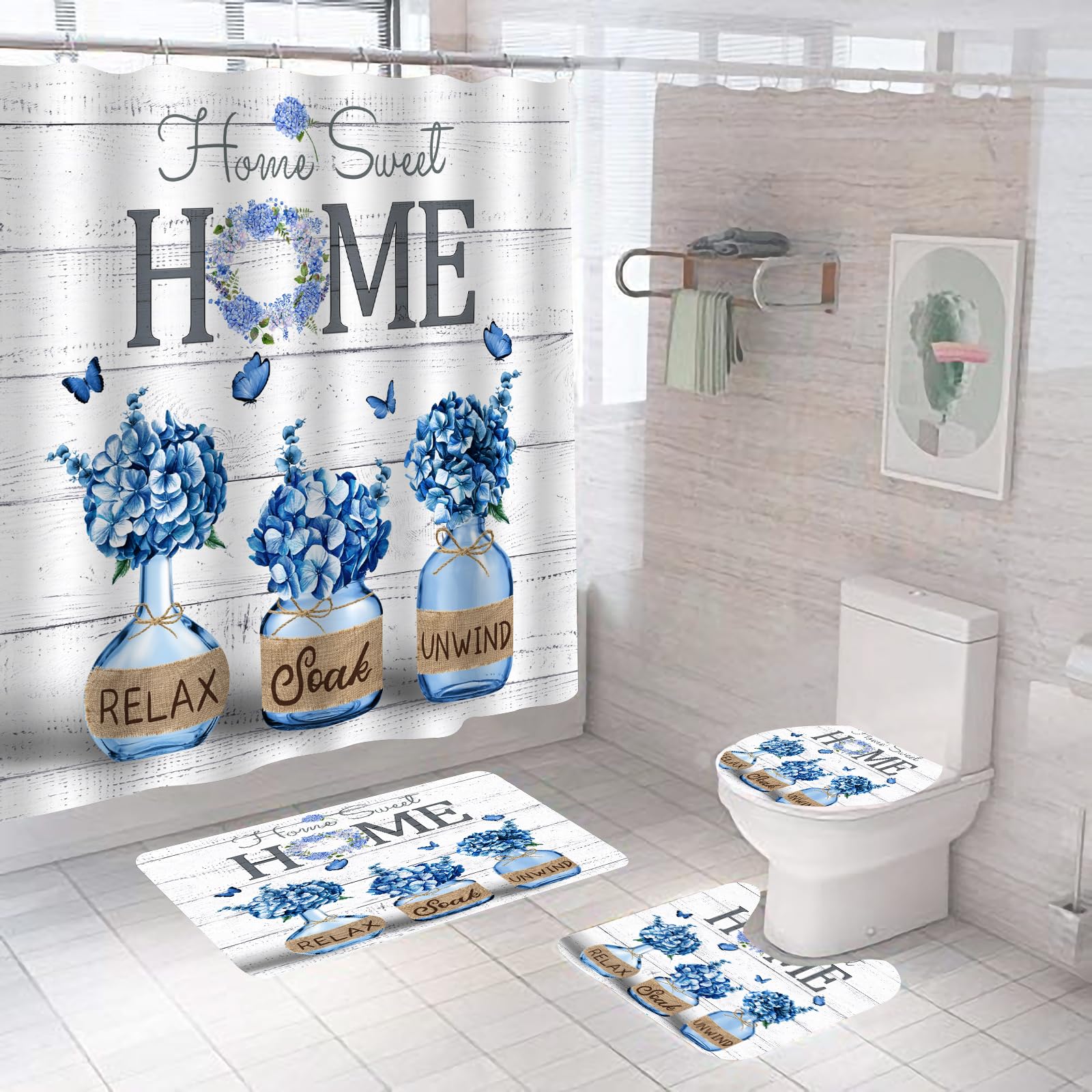 ALEXEX Blue Hydrangea contour rug offering plush texture and safety grip.