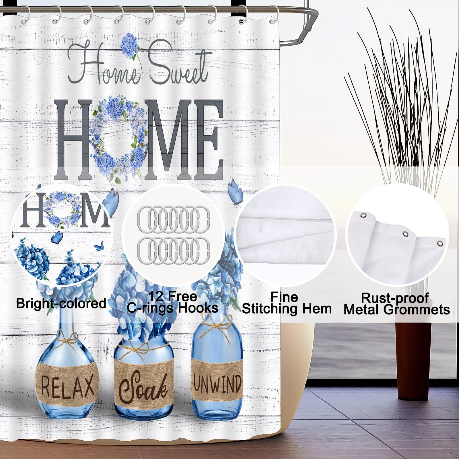 ALEXEX Blue Hydrangea farmhouse decor setup complements modern bathrooms.