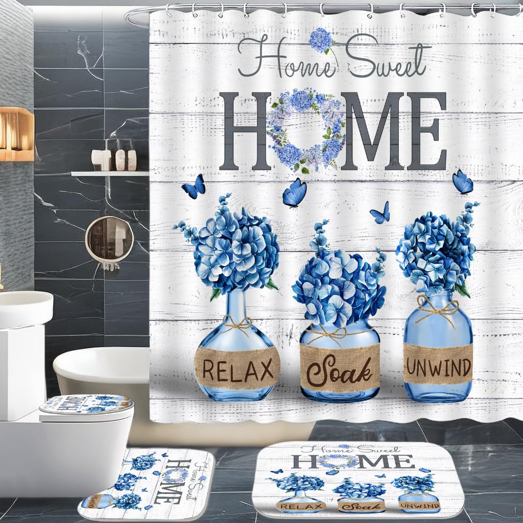 ALEXEX Blue Hydrangea shower curtain showcases durable waterproof fabric and vivid print.