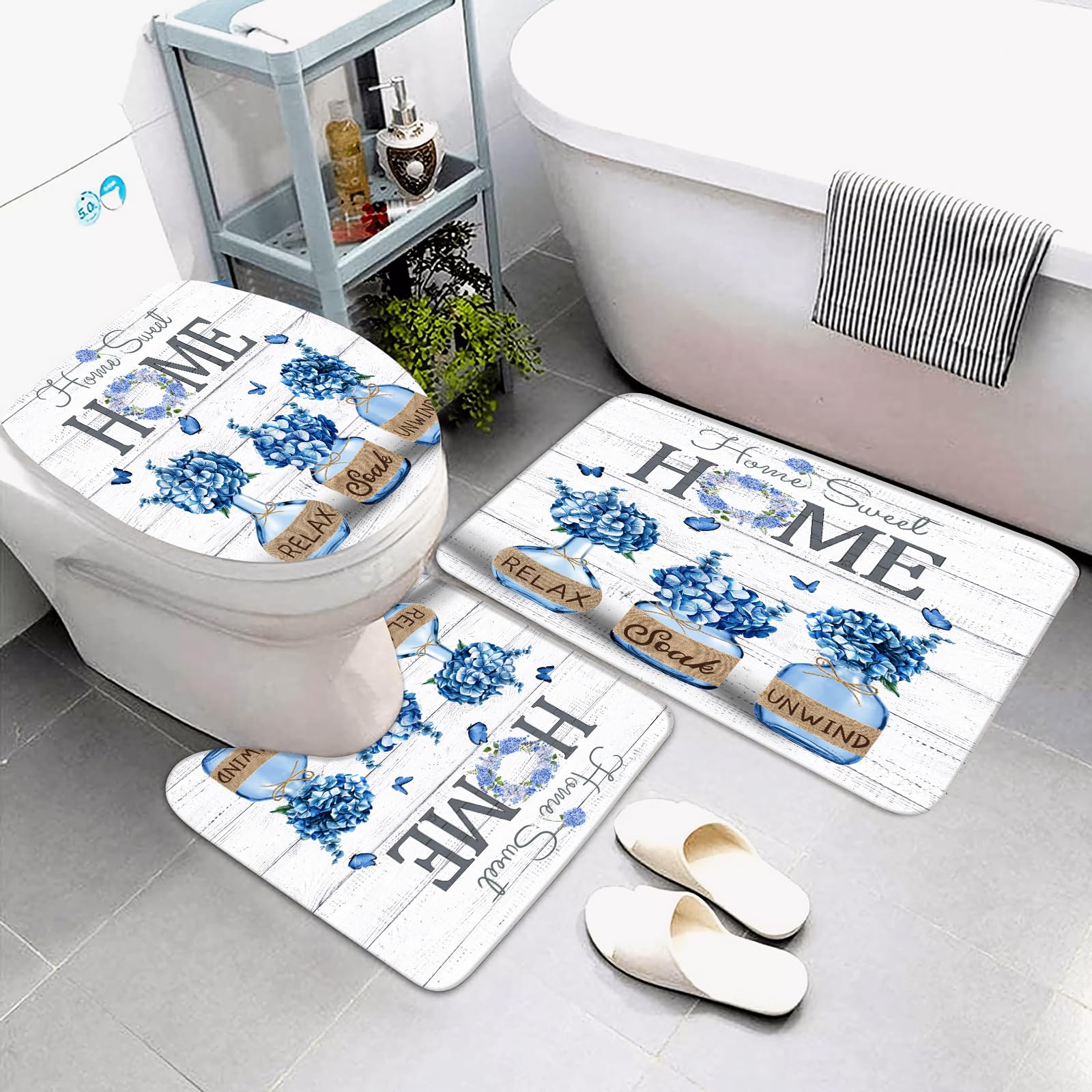 ALEXEX Blue Hydrangea toilet lid cover adds cohesive farmhouse charm.