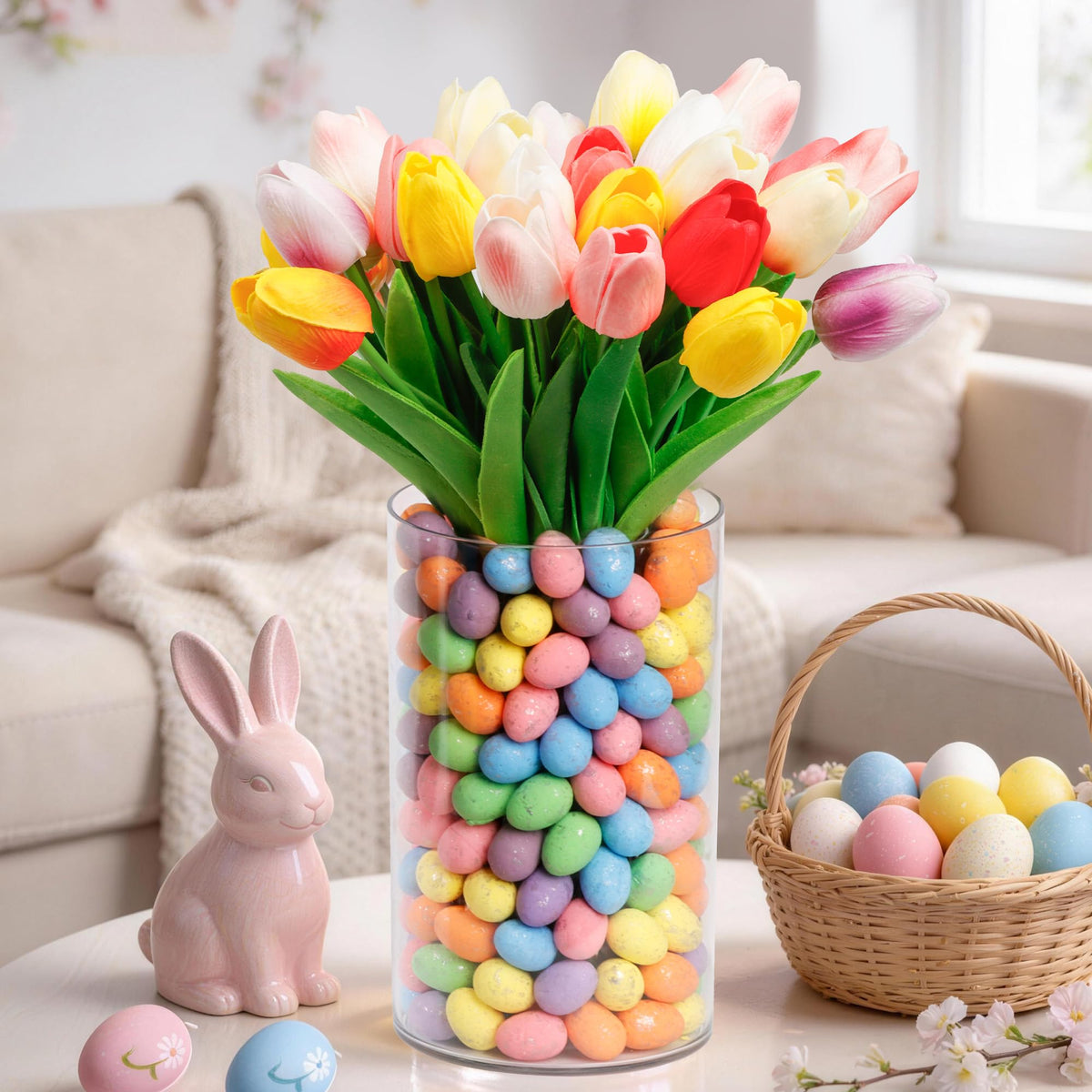 ALFEVA Easter decorations: vase-in-vase setup for a complete spring centerpiece.