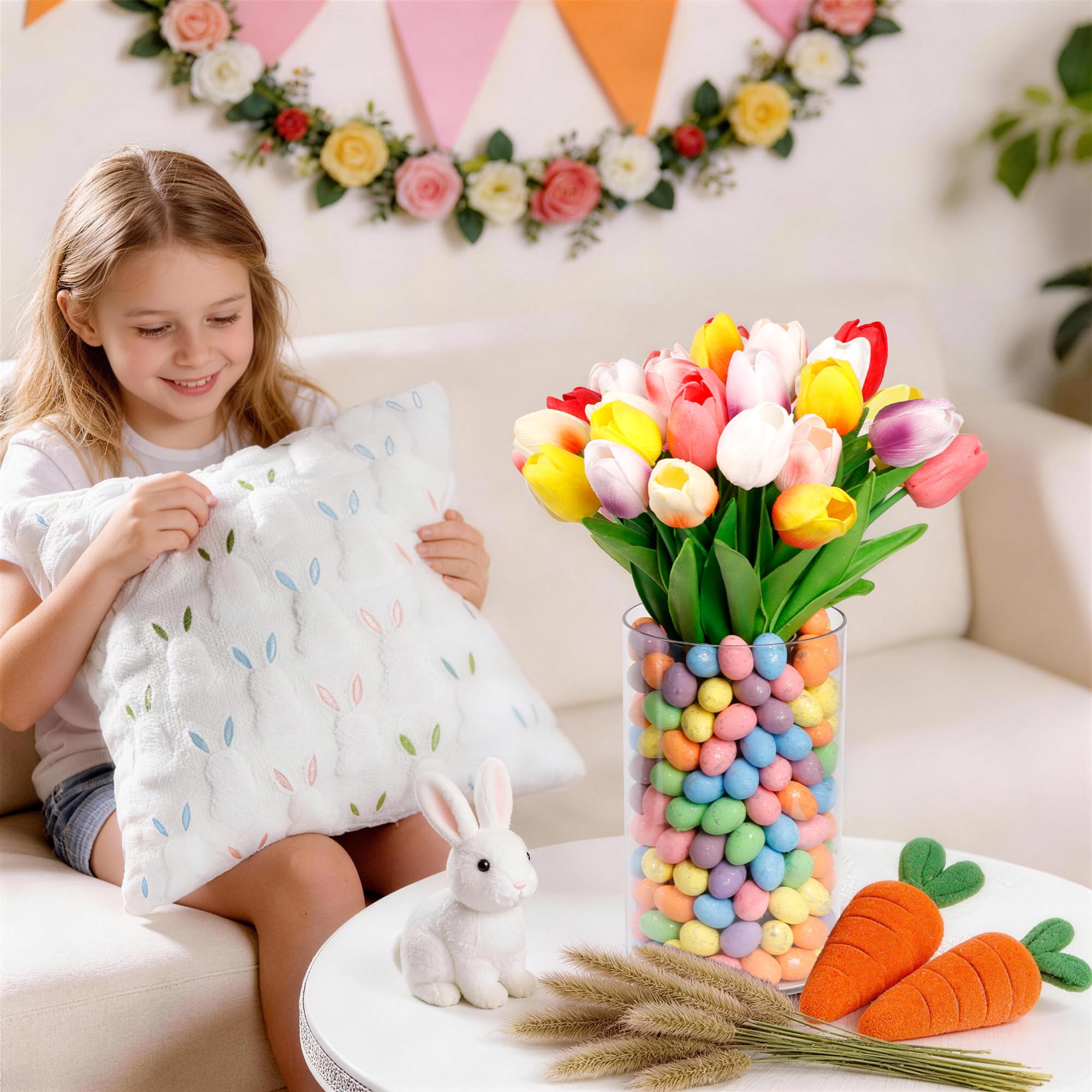 ALFEVA spring table centerpiece with shimmering eggs and flowers.