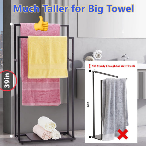 ALHAKIN 2-tier bathroom towel rack with shelves adds convenient storage for towels and essentials.
