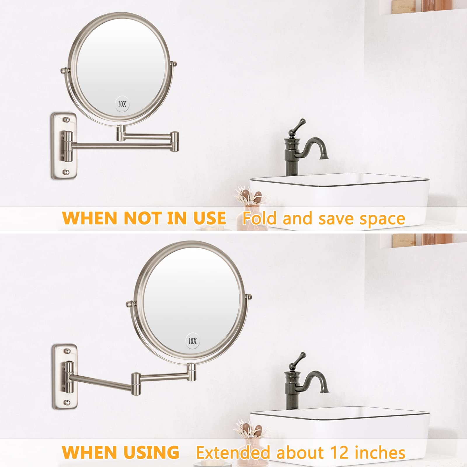 ALHAKIN corrosion-resistant nickel finish protects the mirror in humid bathrooms.