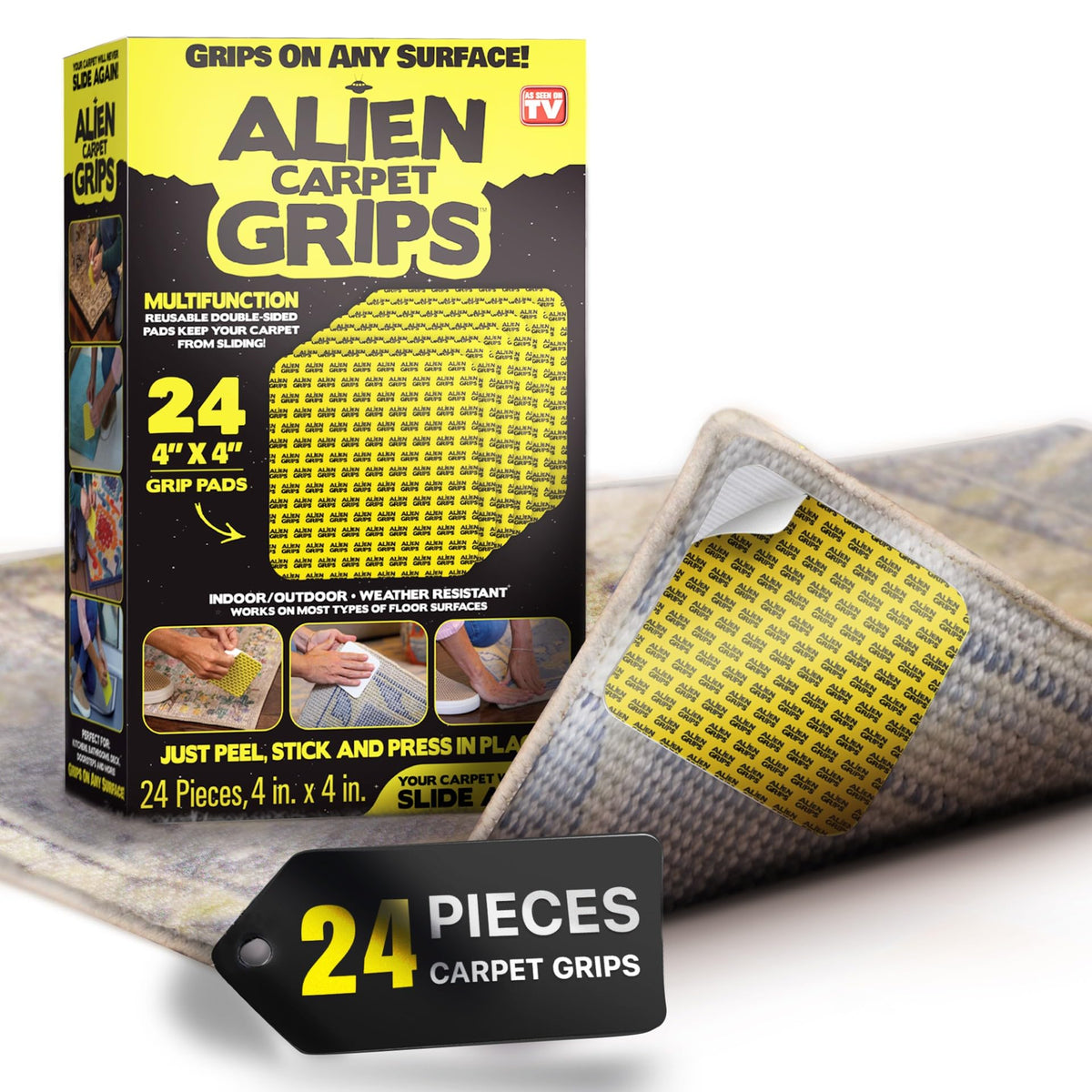 Alien Grip Rug Gripper Tape 24pc secures rugs on various surfaces without slipping.