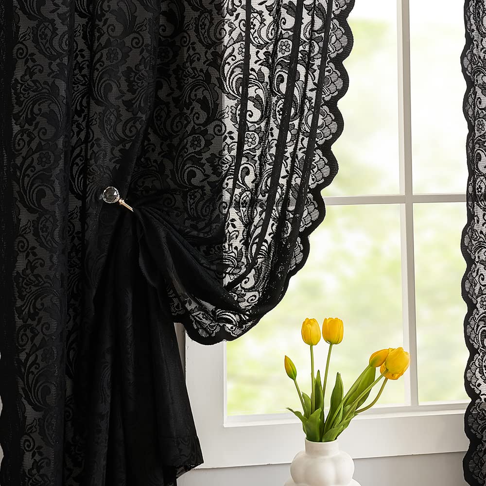 ALIGOGO black lace curtains with 63 inch length offering soft light filtration for a moody bedroom