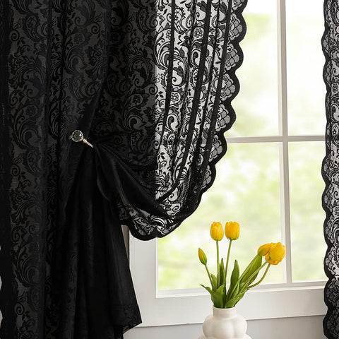 ALIGOGO black lace curtains with 63 inch length offering soft light filtration for a moody bedroom