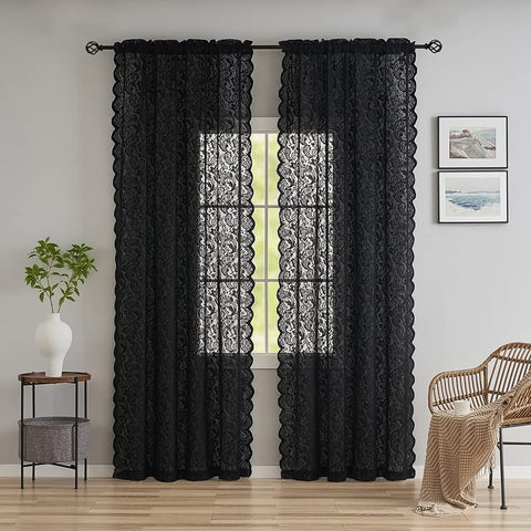 ALIGOGO gothic lace curtains with scalloped edges add delicate ambiance.