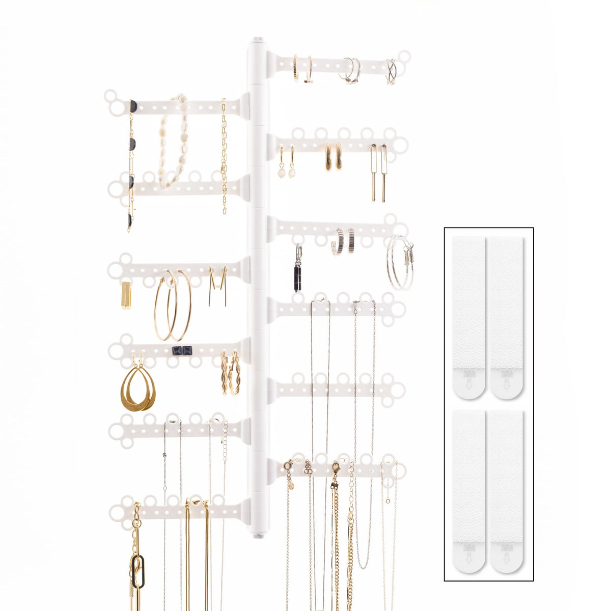 All Hung Up 12-tier wall jewelry organizer displays necklaces and earrings clearly.
