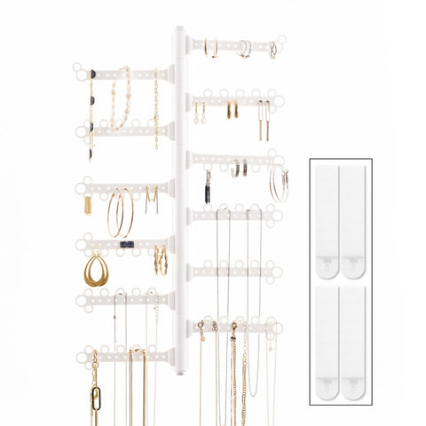 All Hung Up 12-tier wall jewelry organizer displays necklaces and earrings clearly.