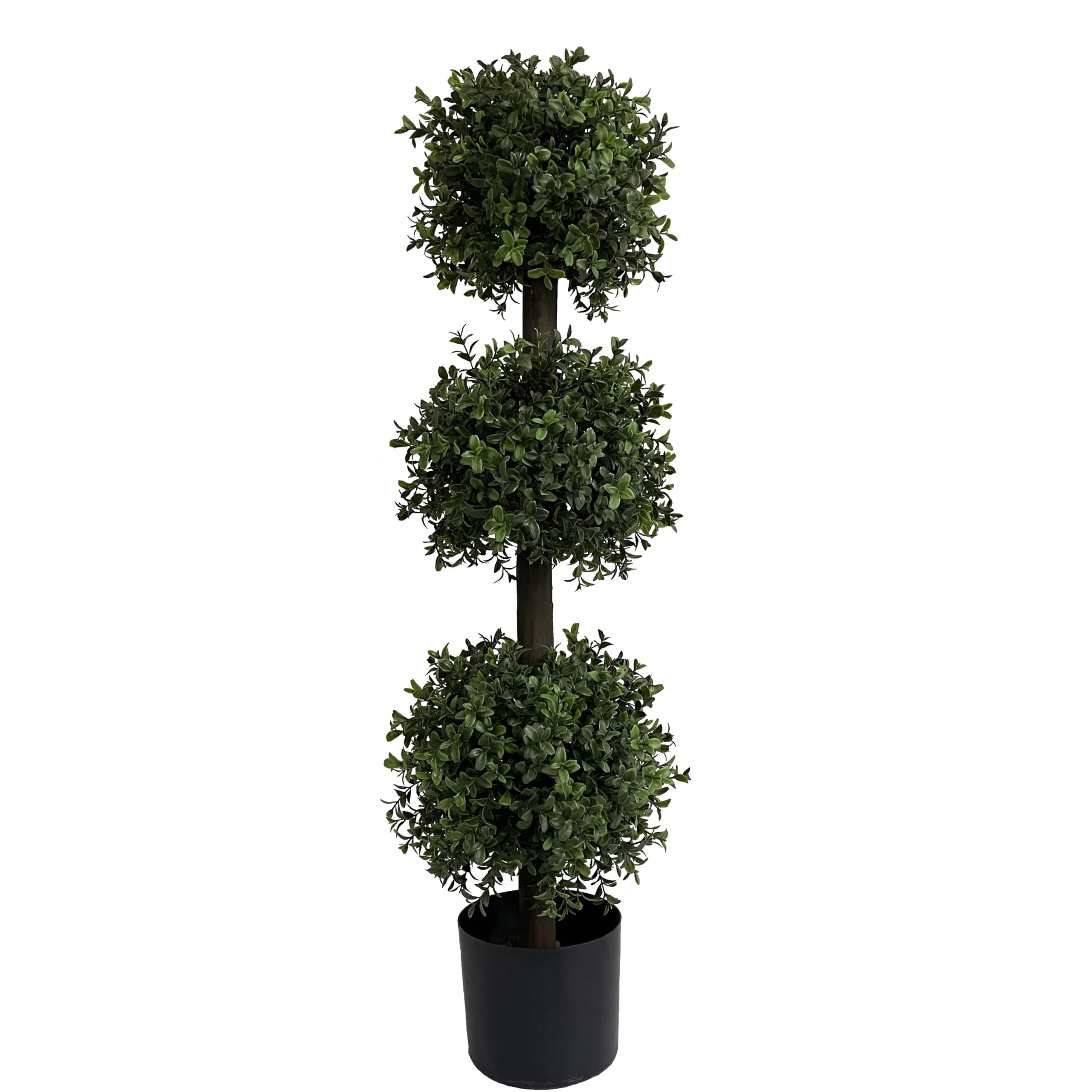 ALL SEASON GREEN triple-ball topiary close-up, lush faux leaves for outdoor decor, low maintenance.