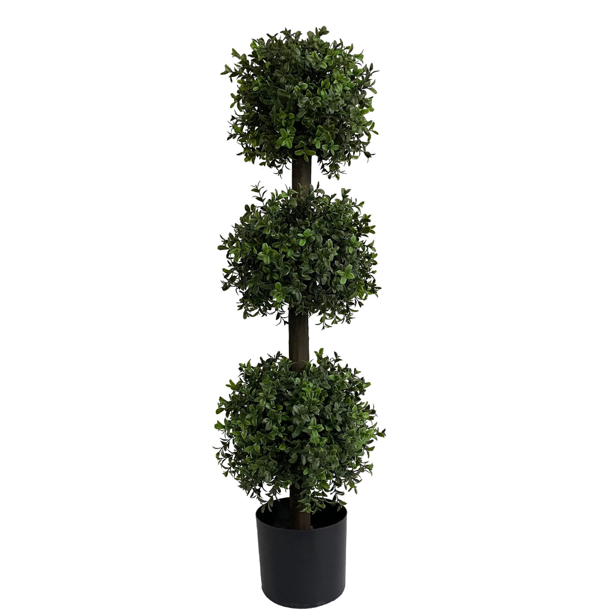 ALL SEASON GREEN triple-ball topiary close-up, lush faux leaves for outdoor decor, low maintenance.