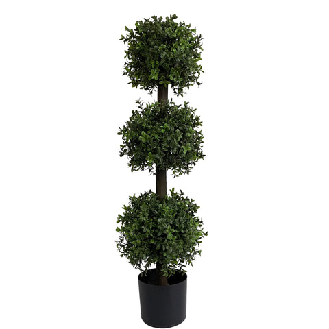 ALL SEASON GREEN triple-ball topiary close-up, lush faux leaves for outdoor decor, low maintenance.