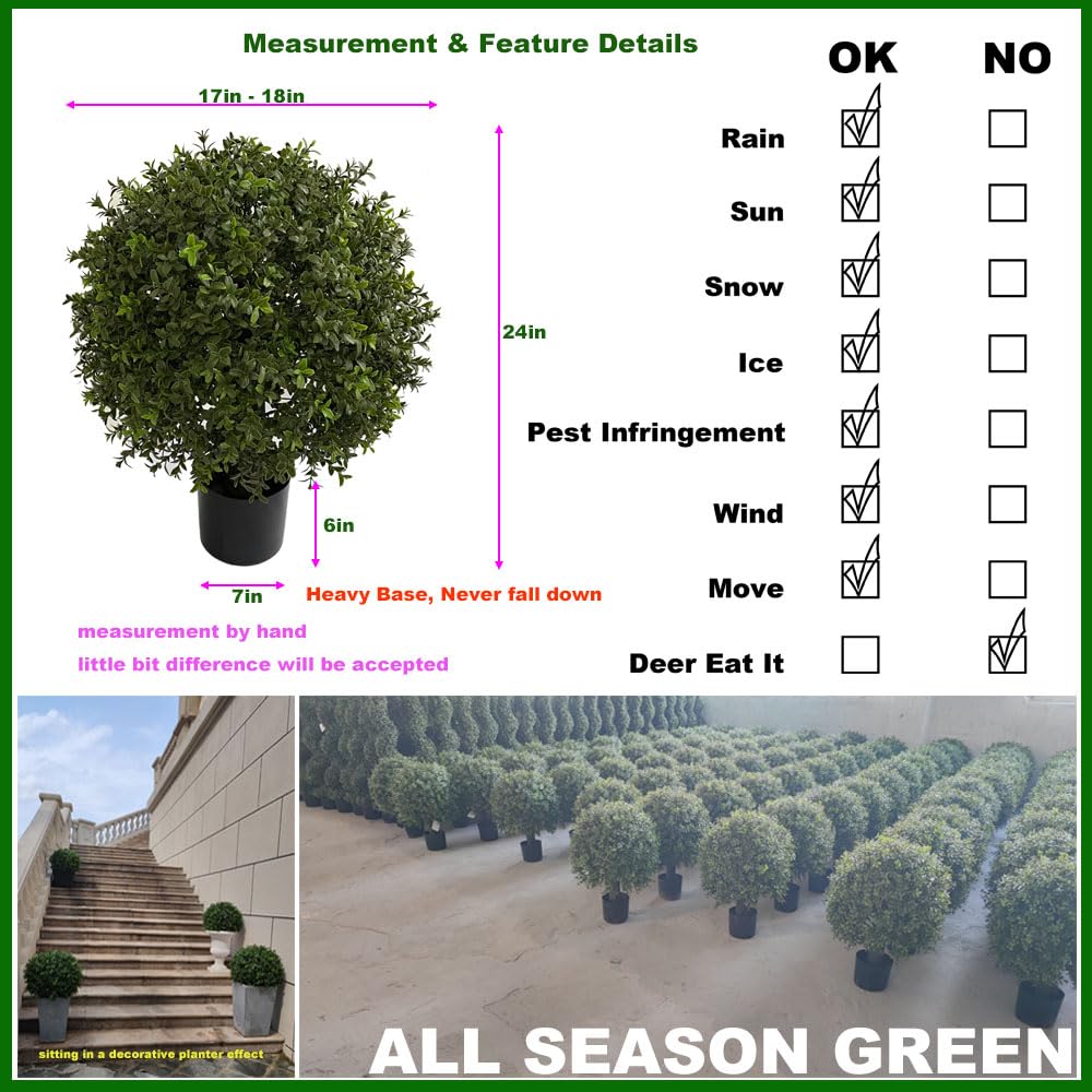 ALL SEASON GREEN topiary with heavy base for wind-resistant outdoor display.