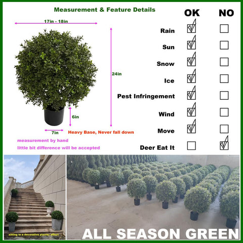 ALL SEASON GREEN topiary with heavy base for wind-resistant outdoor display.