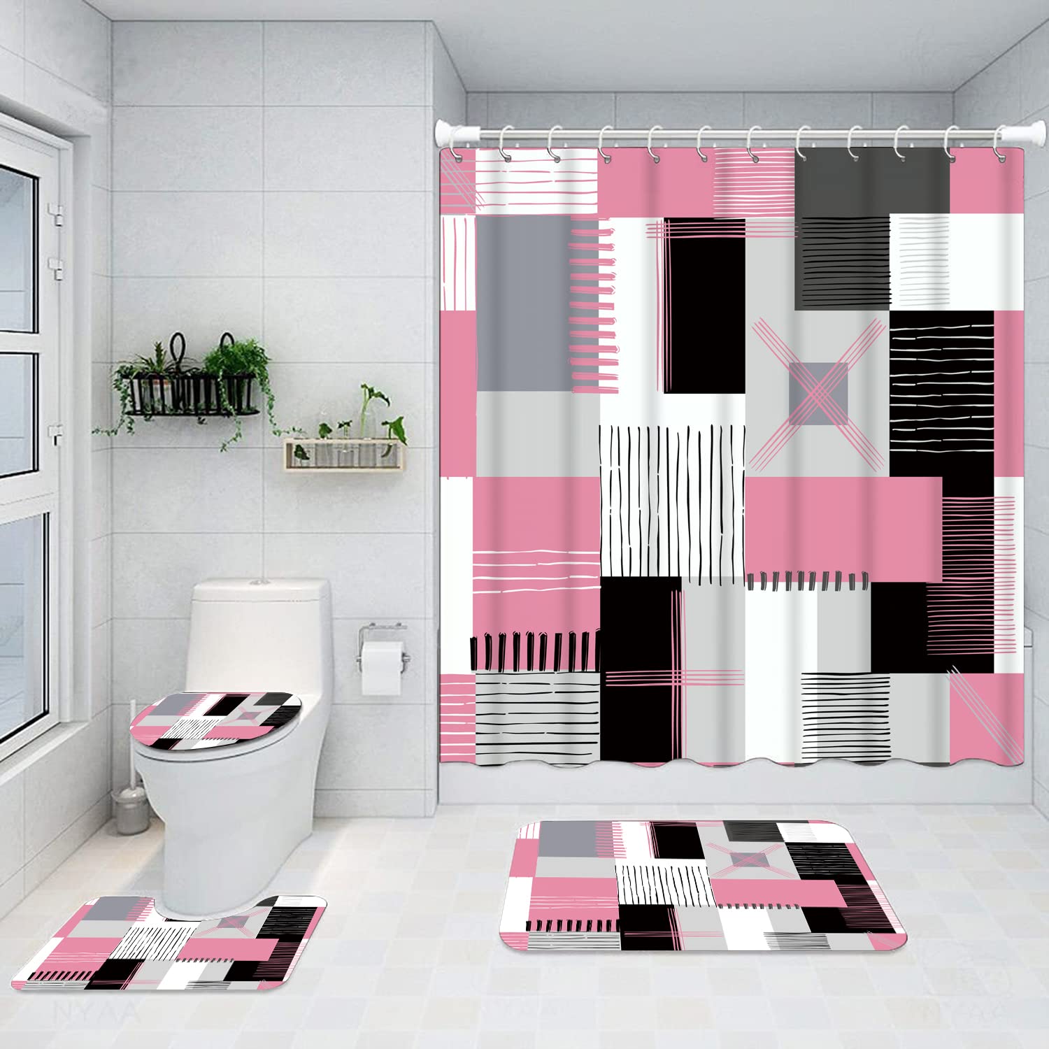 All Smiles pink shower curtain, waterproof, brightens bathroom and eases cleaning.