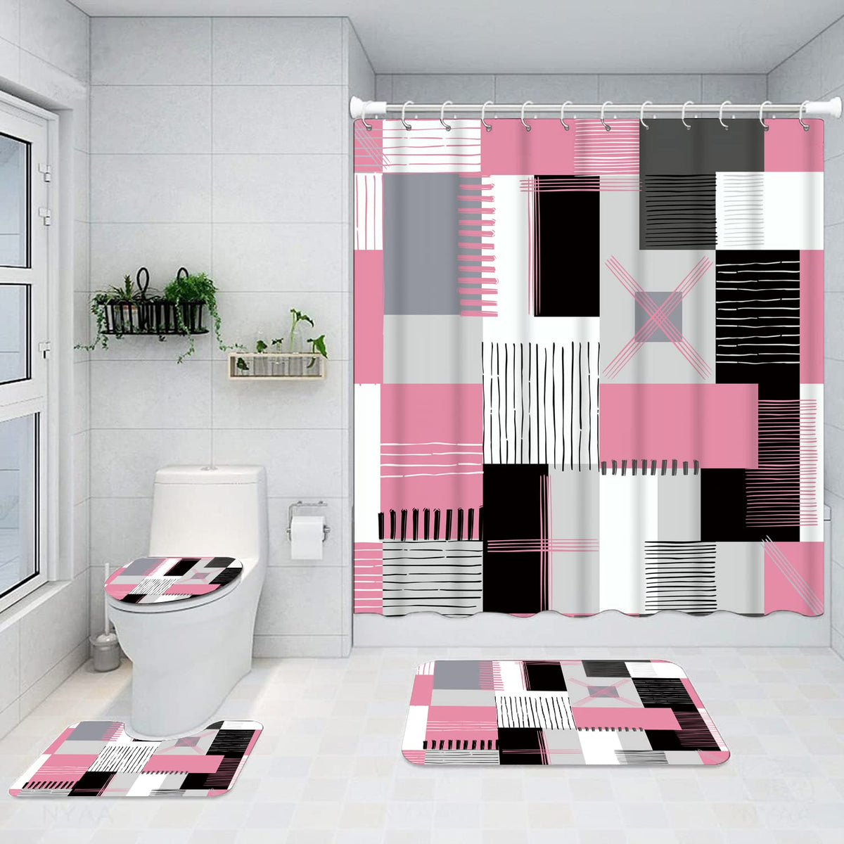 All Smiles pink shower curtain, waterproof, brightens bathroom and eases cleaning.