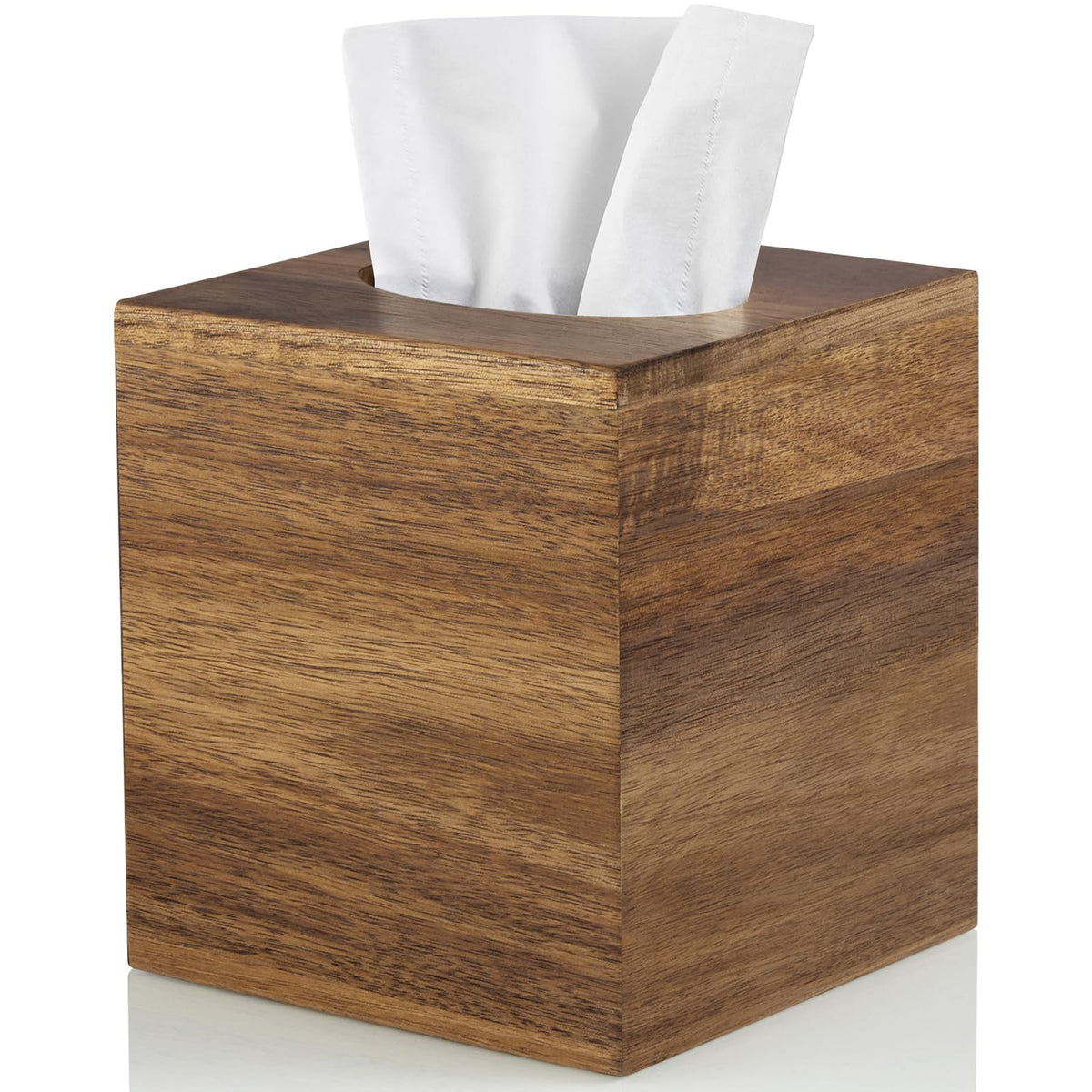 ALLELION square tissue box cover in acacia wood adds organized dining-table elegance.