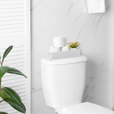 ALELION white toilet tank topper basket on a bathroom counter.