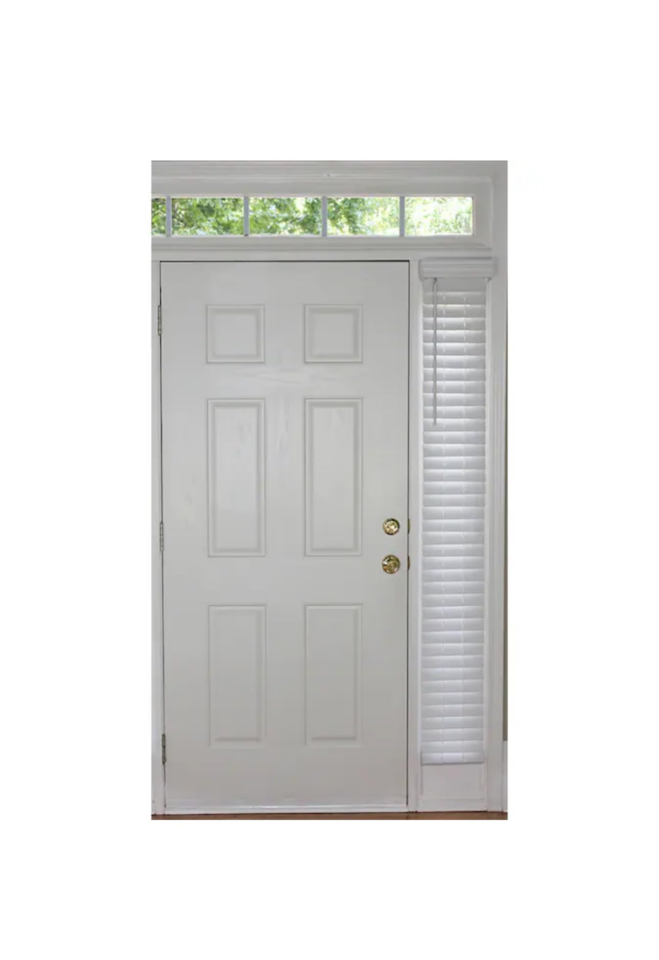 Allen + Roth Trim at Home cordless white faux wood plantation blinds for room darkening and privacy.