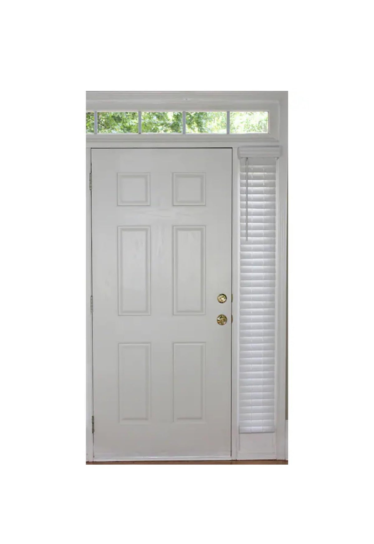Allen + Roth Trim at Home cordless white faux wood plantation blinds for room darkening and privacy.