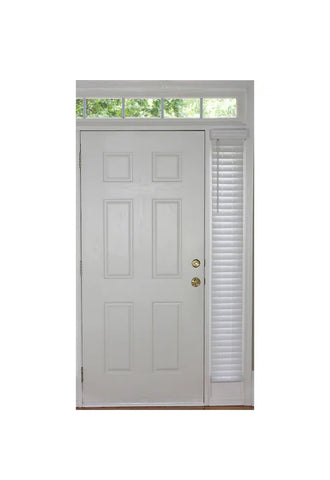 Allen + Roth Trim at Home cordless white faux wood plantation blinds for room darkening and privacy.