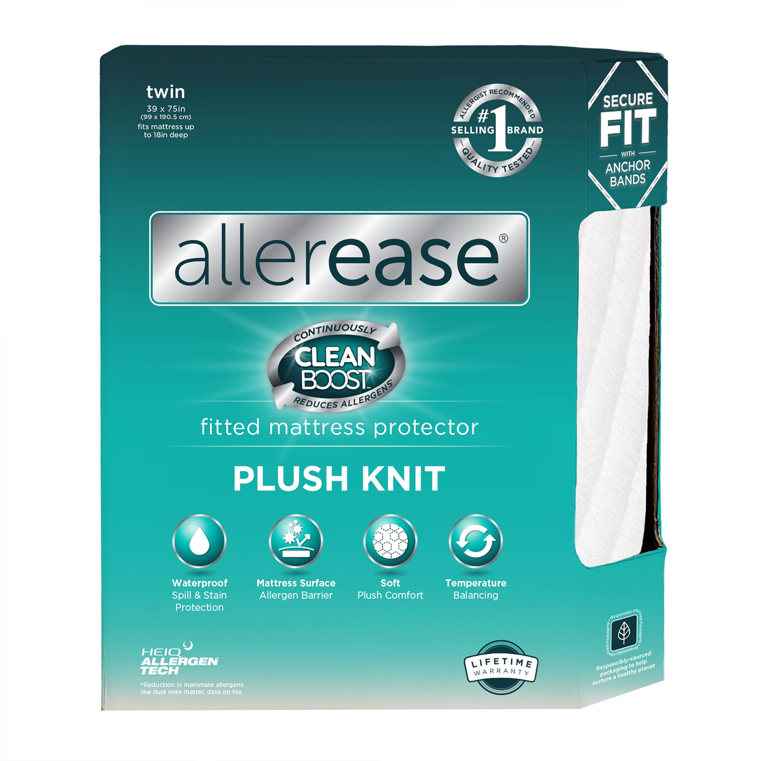 Aller-Ease CleanBoost waterproof mattress protector shields against spills for a cleaner bed.
